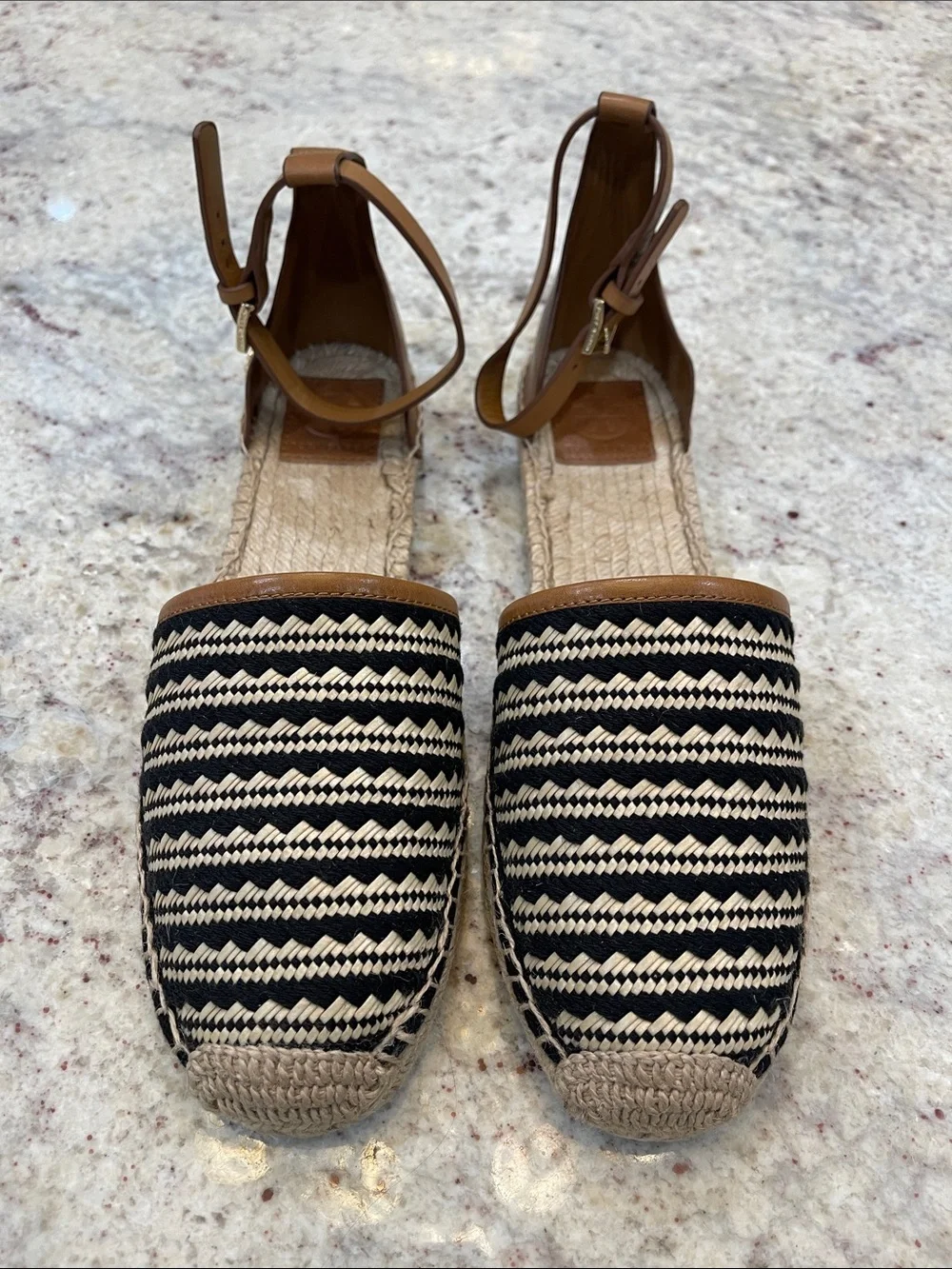 Tory Burch Mosaic Straw Flat Espadrille Sandals Size 11 – Black Natural Like New
